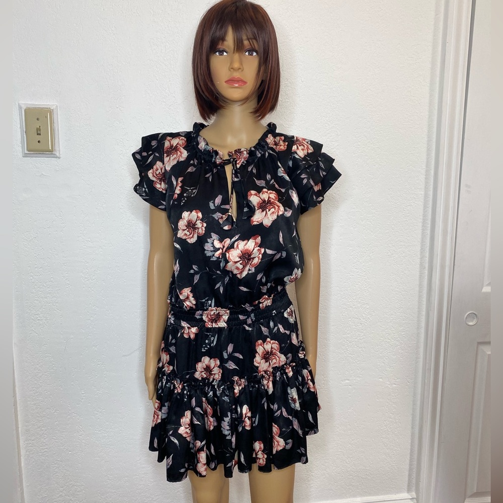 MISA Los Angeles Cecile Split Neck Floral Printed Satin Dress Women’s Size S